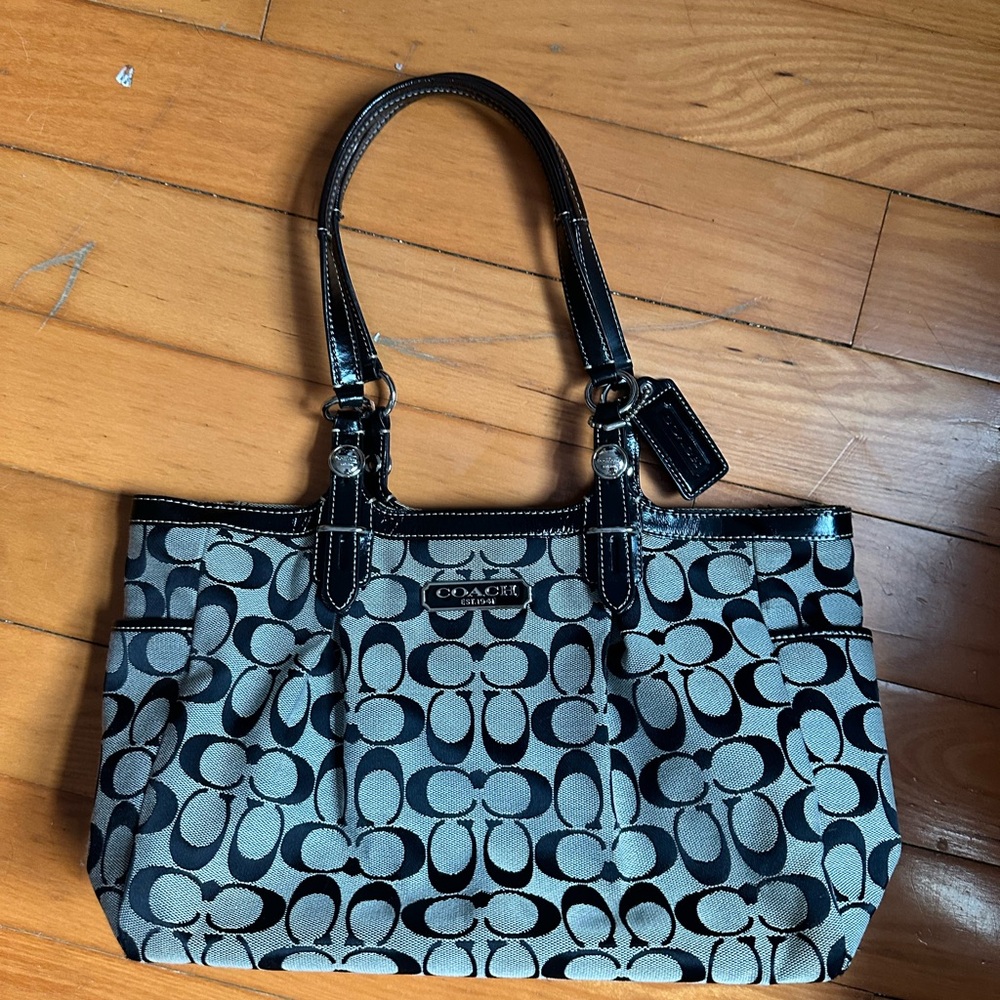Coach Black and Gray Shoulder Bag with Signature Monogram